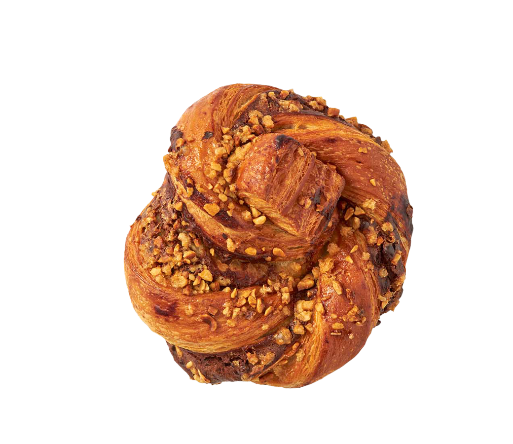 Golden-brown chocolate babka from Délifrance, featuring delicate layers of laminated dough and crunchy caramelized nuts