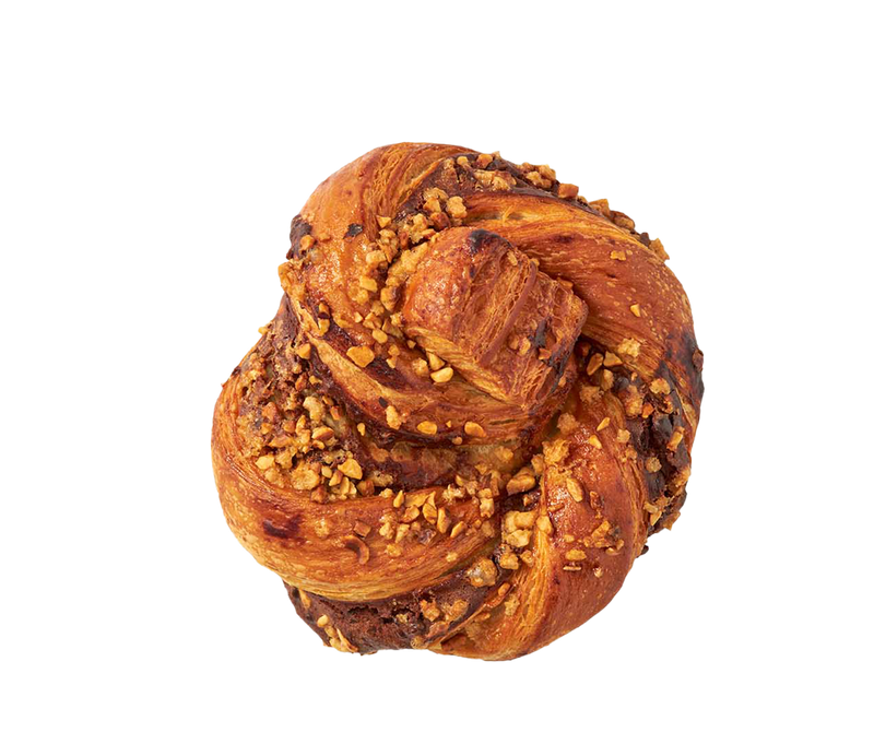 Golden-brown chocolate babka from Délifrance, featuring delicate layers of laminated dough and crunchy caramelized nuts