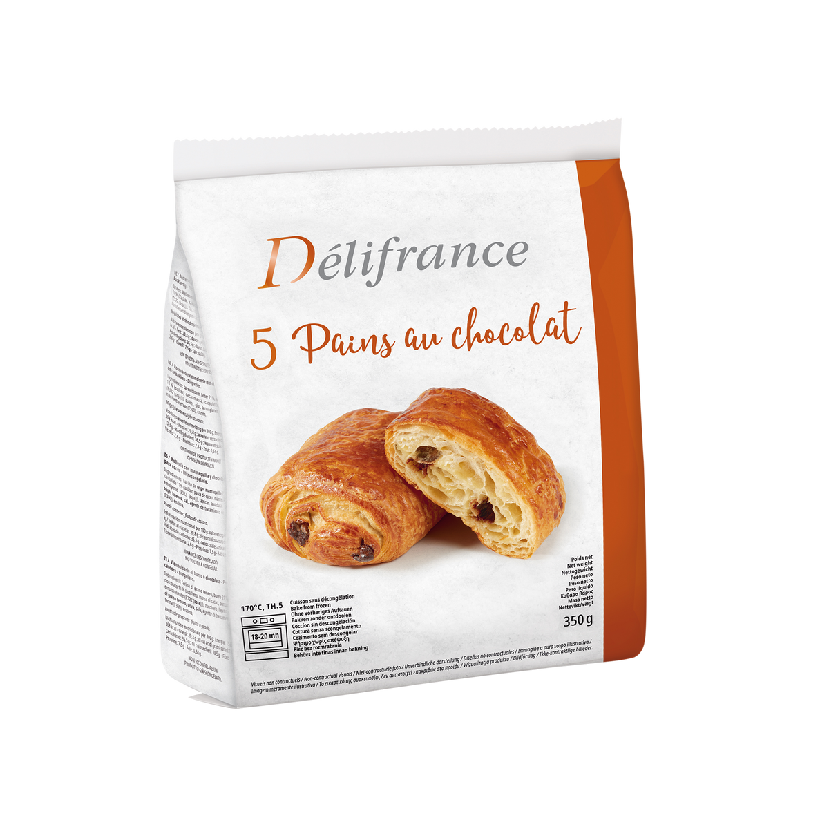 A front view of a Délifrance package containing 5 Pains au Chocolat