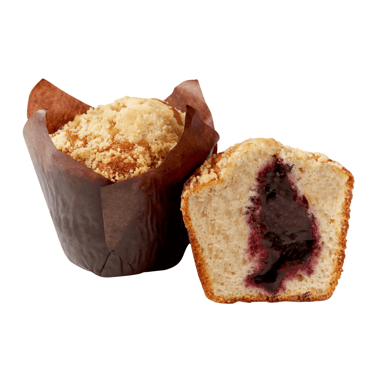 A close-up image of two Délifrance Blueberry Muffins, showcasing the golden-brown crumble topping and a glimpse of the sweet blueberry filling