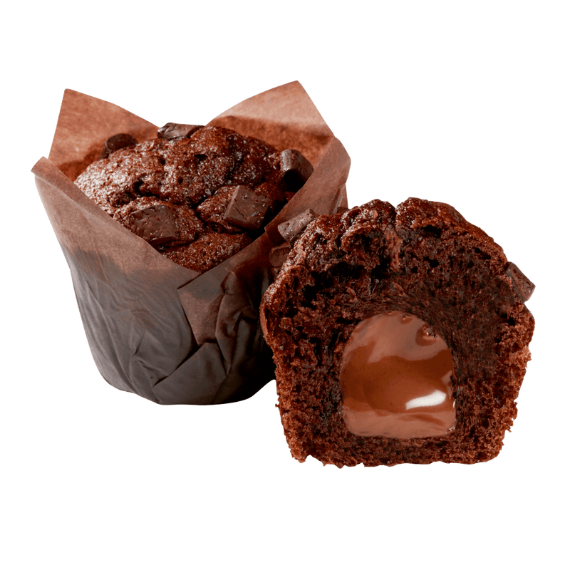 A close-up image of two Délifrance Chocolate Muffins, showcasing the rich chocolate exterior and decadent hazelnut filling